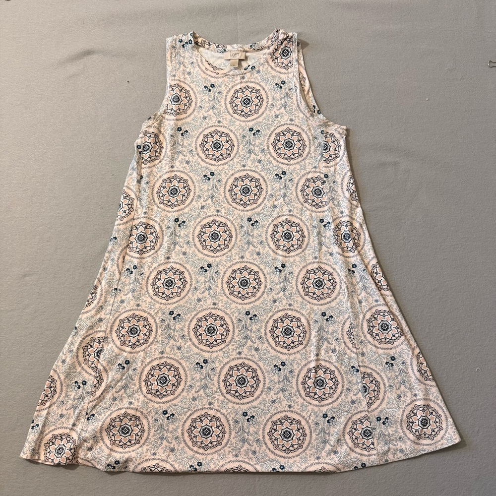 LOFT Sleeveless A-Line Dress in Soft Pink and Navy Medallion Print